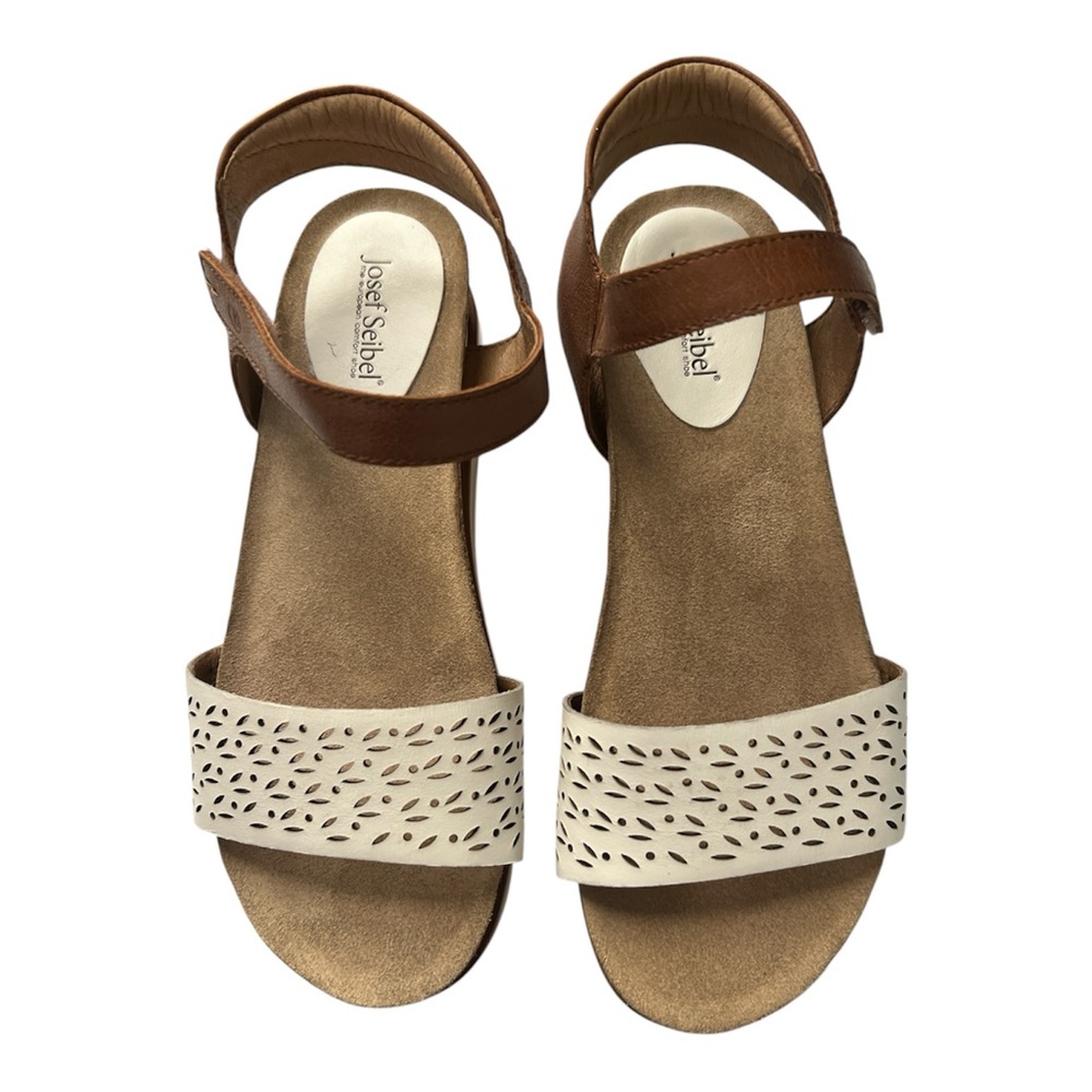Josef Seibel Tan and Cream Open-Toe Sandals, Size 71/2